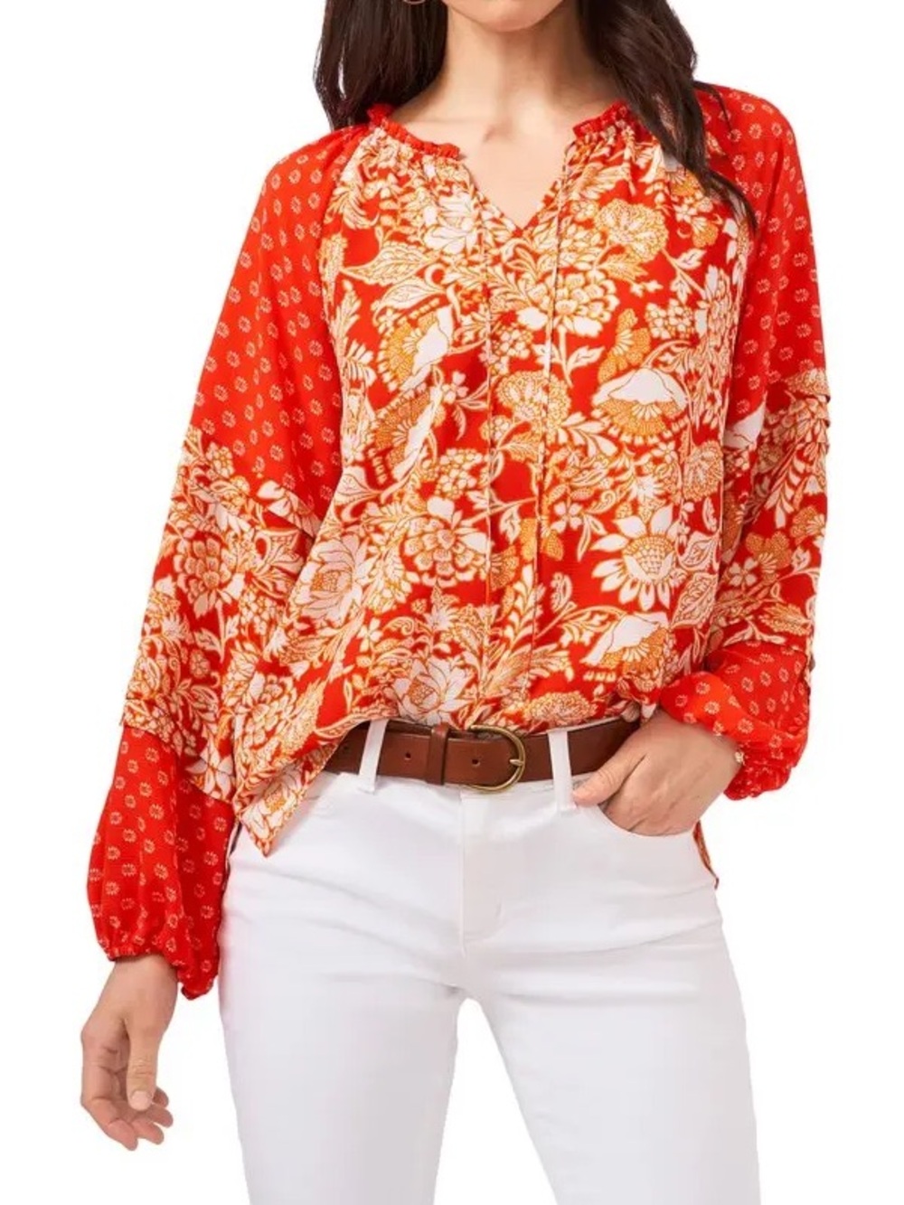 Vince Camuto Orange Floral Boho Peasant Blouse Balloon Sleeve Top Size Large
